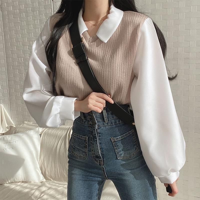 Cossita - Blouse met lange mouwen, kraag en imitatie-tweedelig geribbeld breiwerk in twee kleuren