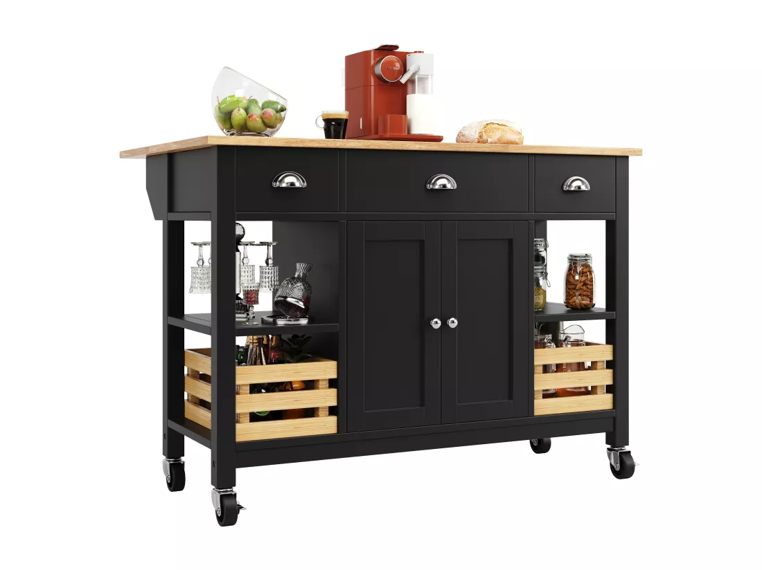 Ilot central de cuisine - chariot à roulette avec plateau extensible - 3 tiroirs et 2 portes - Noir