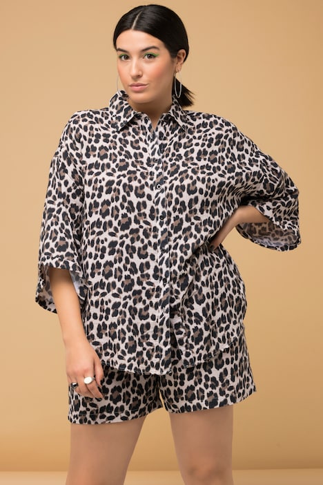 Bluse, oversized, Musselin, Leo, Hemdkragen, Halbarm