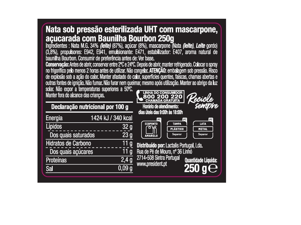CHANTILLY PRESIDENT BAUNILHA SPRAY 250G