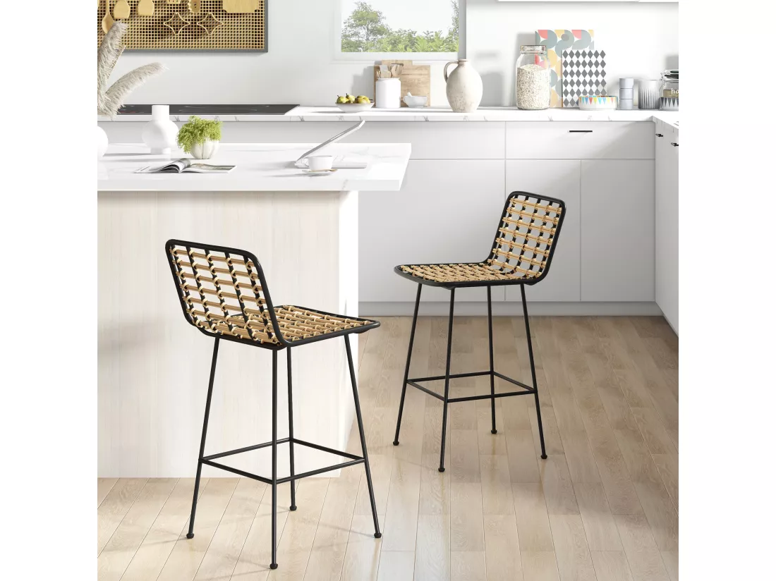 Lot de 2 tabourets de bar style bohème chic repose-pieds acier noir résine aspect rotin