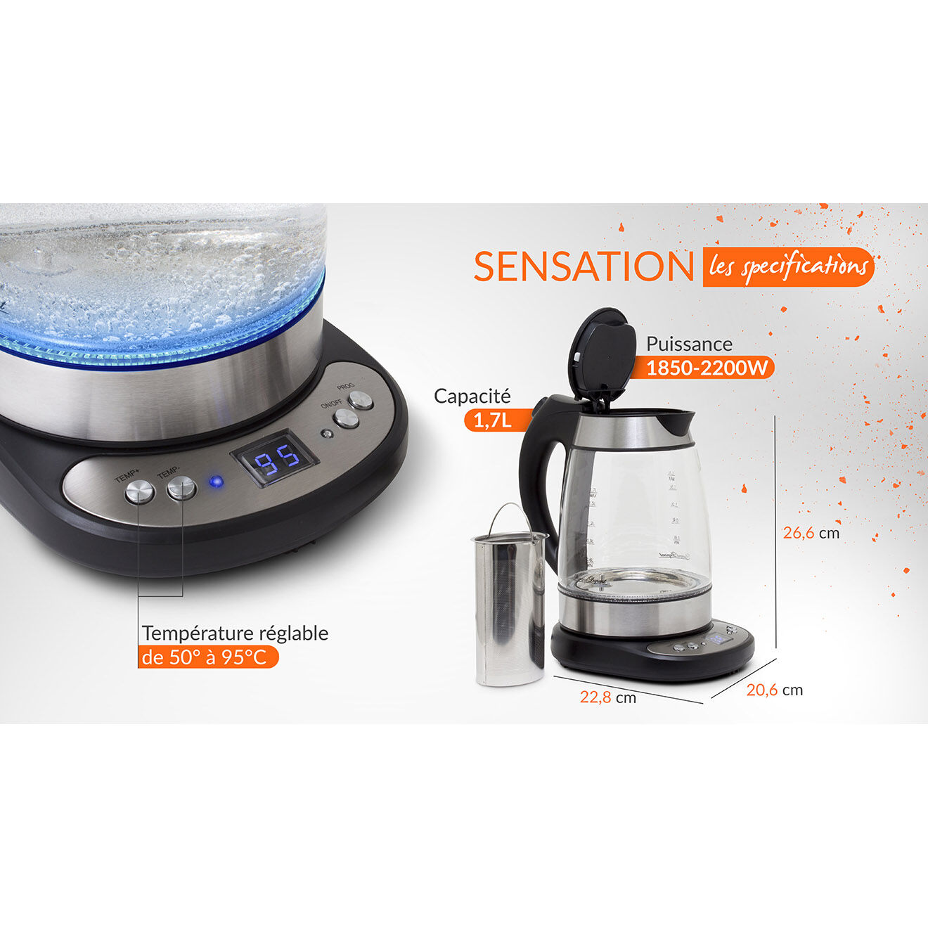 Kitchencook Bouilloire électrique en verre avec LED multicolore - 1.7 L
