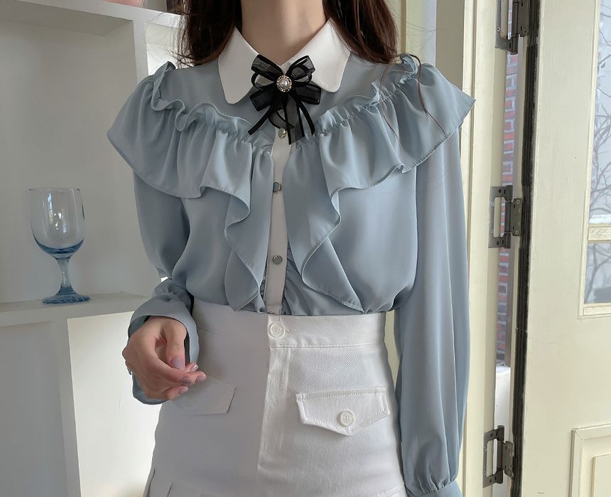 RONIN - Blouse met lange mouwen, kraag en tweekleurige ruches