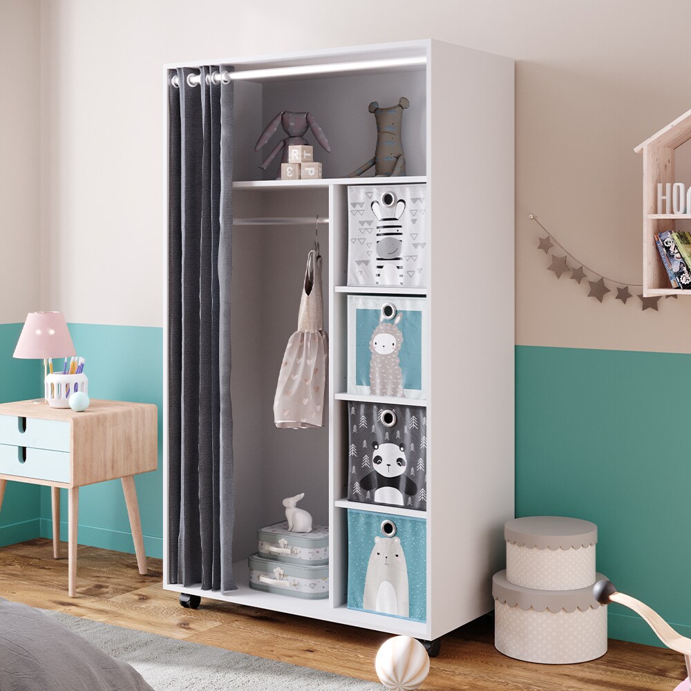 Vicco mobiler Kinderkleiderschrank Dielenschrank Garderobe Doros Weiß modern 100 x 168 cm Faltboxen offen rollbar