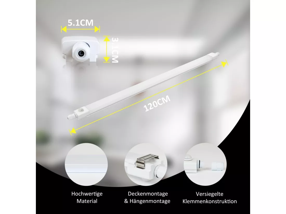 NETTLIFE Luminaire LED étanche à l'humidité 120CM avec détecteur de mouvement 36W IP65 blanc neutre 4000K