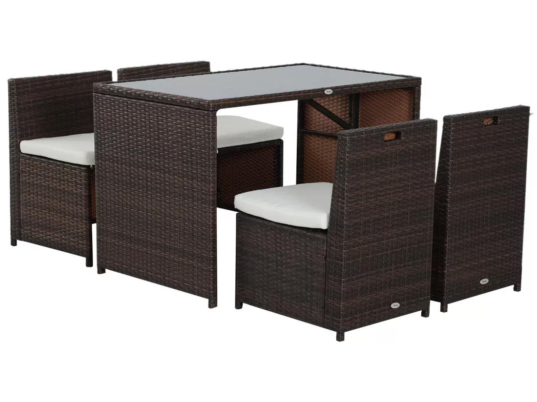 Ensemble salon de jardin encastrable 4 chaises monoblocs avec coussins déhoussables et table résine tressée chocolat