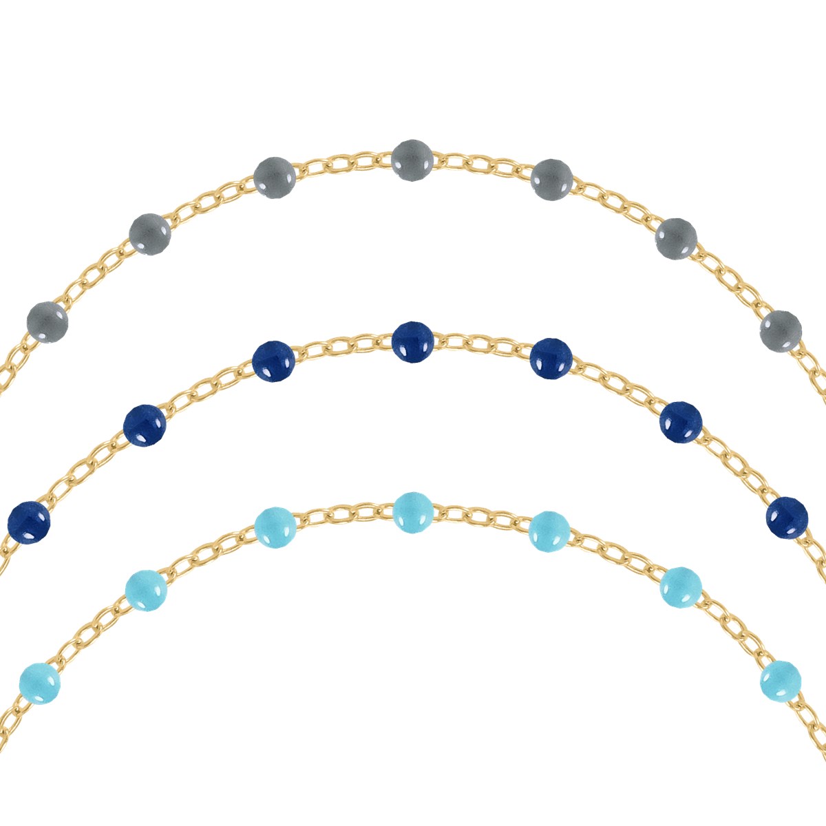 Set de trois bracelets gris, bleu et turquoise en acier doré plaqué jaune