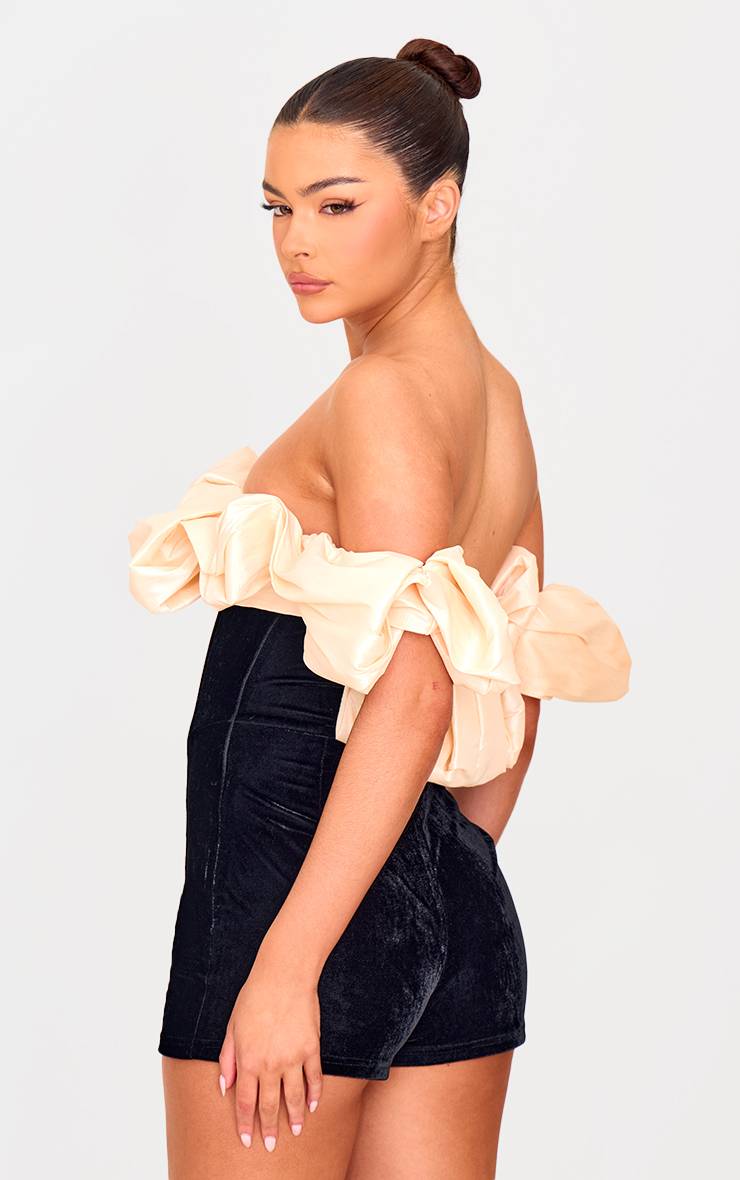Noir Combi-short En Velours À Épaules Dénudées Et Manches Bouffantes Contrastées
