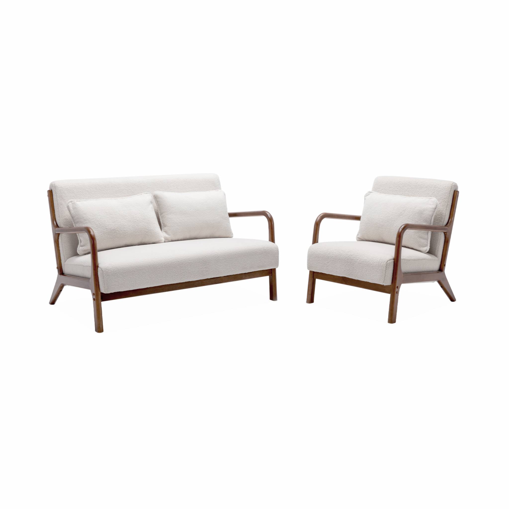 Banquette à bouclettes . Pieds bois d'hévéa teinté noyer clair. 2 places droit fixe. Pieds compas scandinave