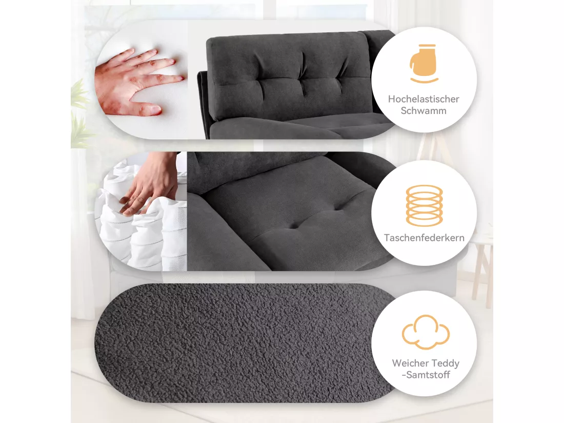URBAN MEUBLE Canapé velours teddy gris 2 places pieds bois