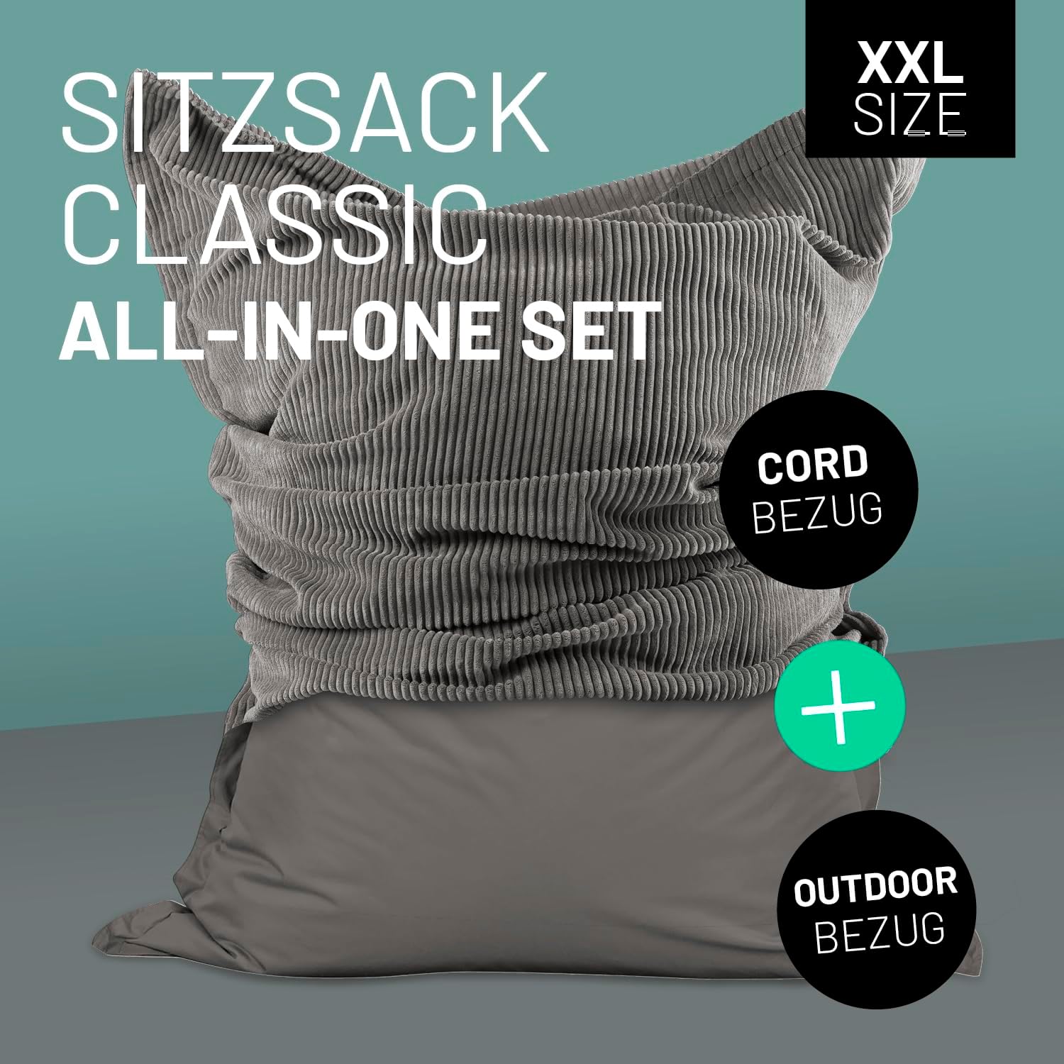Lumaland Sitzsack Classic XXL All-in-One Set | Riesen Sitzsack XXL mit Cord & Outdoor Bezug für drinnen & draußen | Sofa Sessel mit im Innensack sicher verpackter EPS-Füllung – Hüllen Easy wechselbar