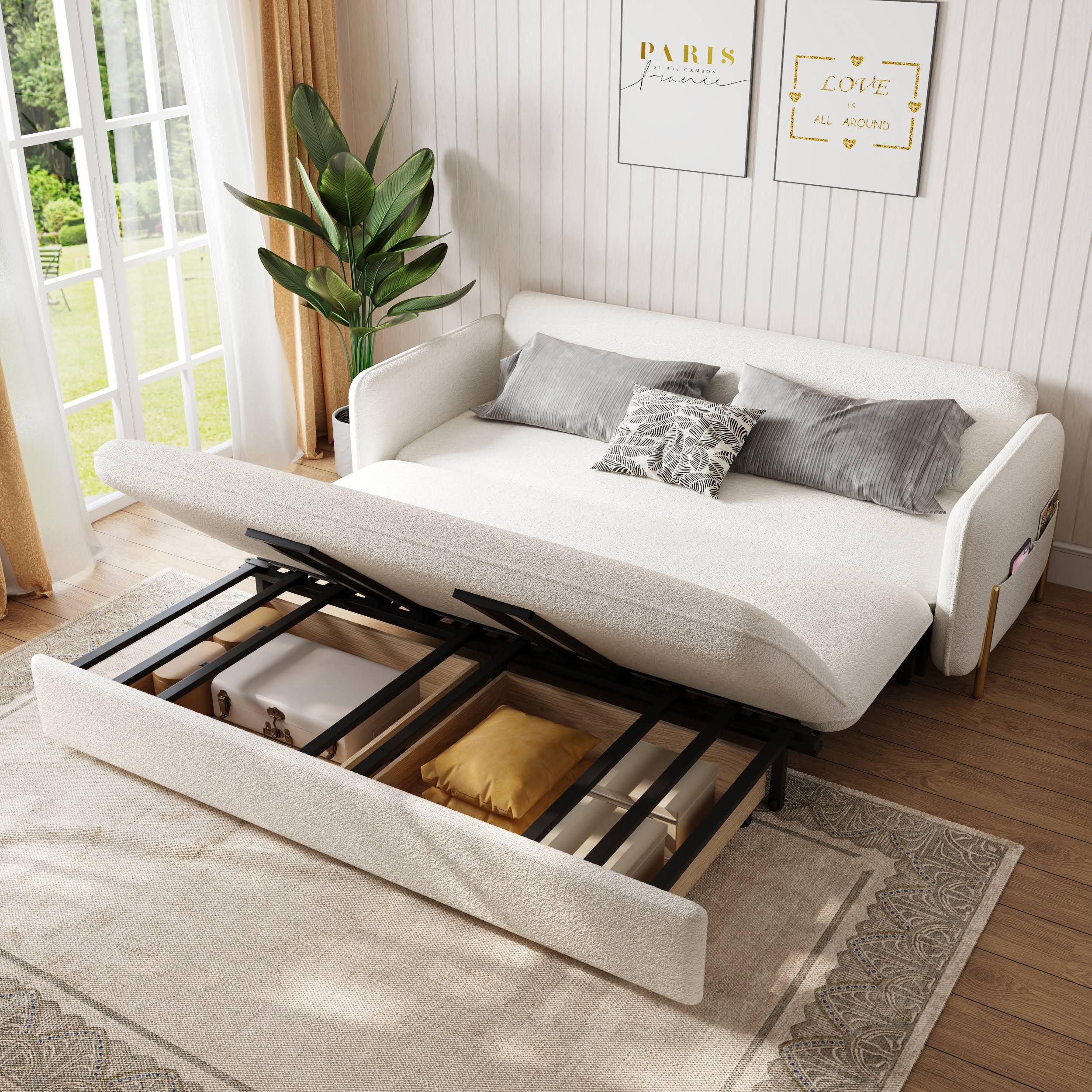 1360 mm 2 Sitzer Grün Ausziehbares Multifunktion Schlafsofa mit Bettkasten