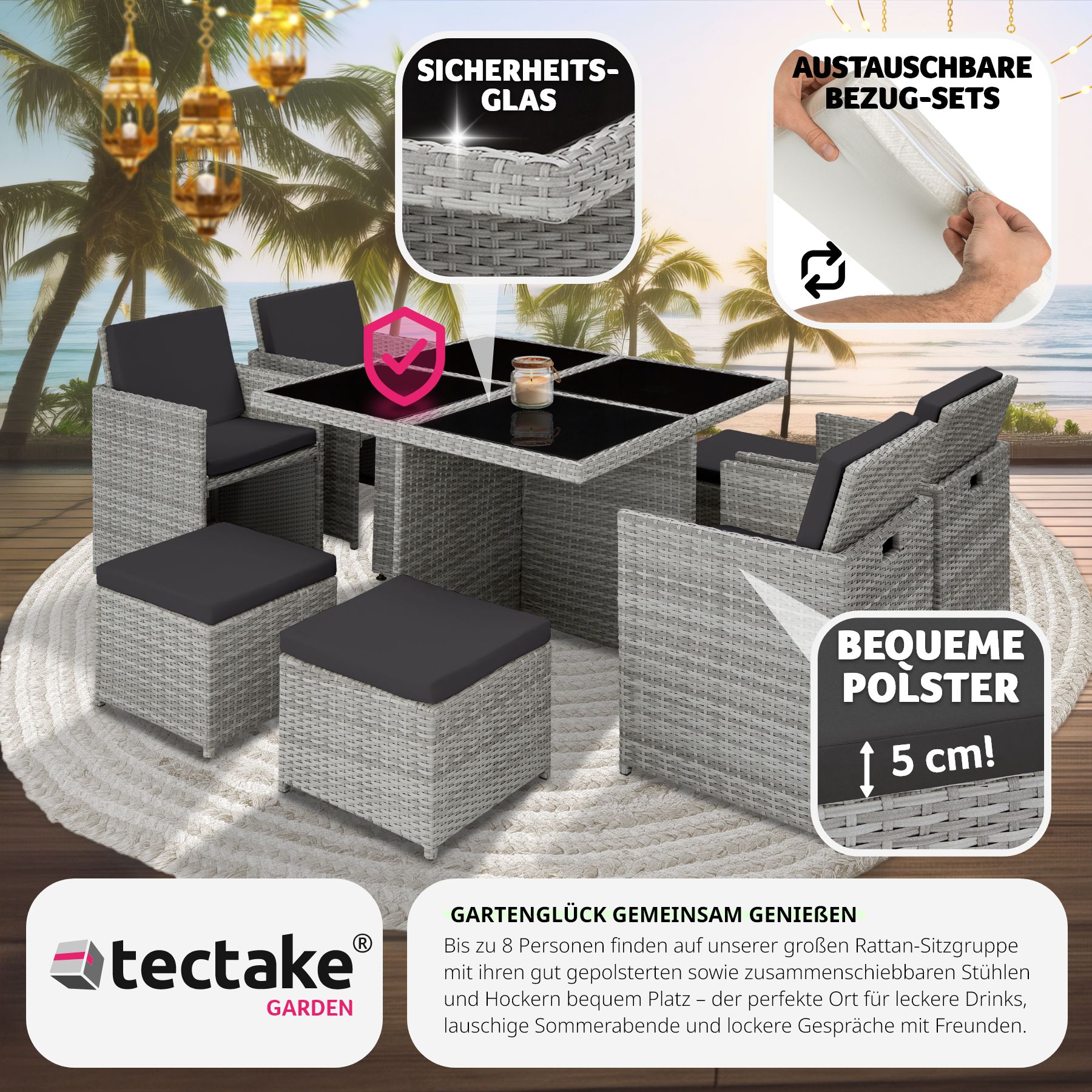 tectake® Rattan Sitzgruppe, mit Aluminiumgestell, wetterfest und UV-beständig, 2 Bezugssets, zusammenschiebbar, inklusive Schutzhülle