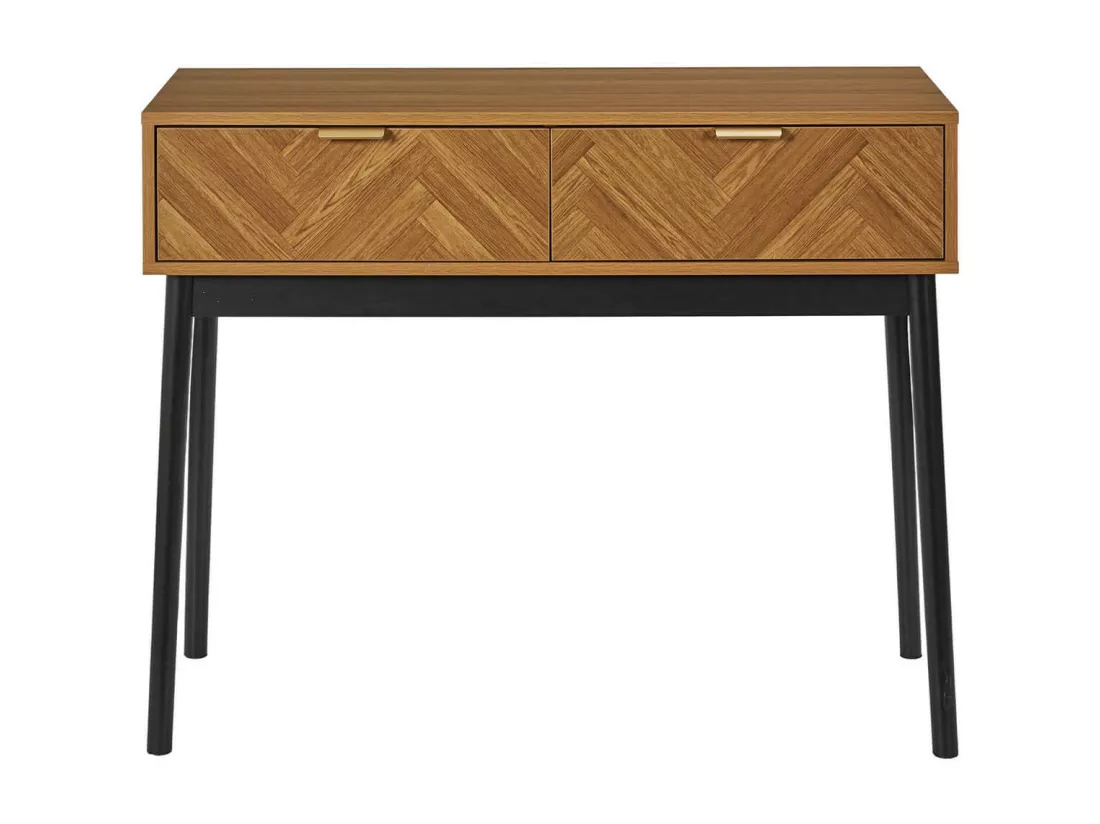 SIXTYS - Console 2 Tiroirs Aspect Bois Décor Chevrons Piétement Noir