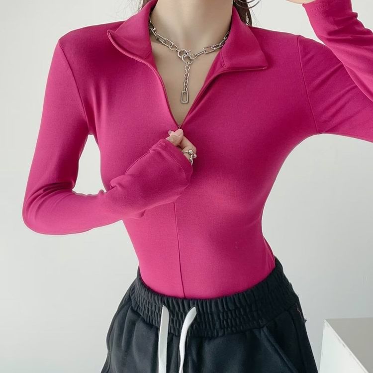 JOWI - Bodytop met lange mouwen en ritssluiting en effen hals