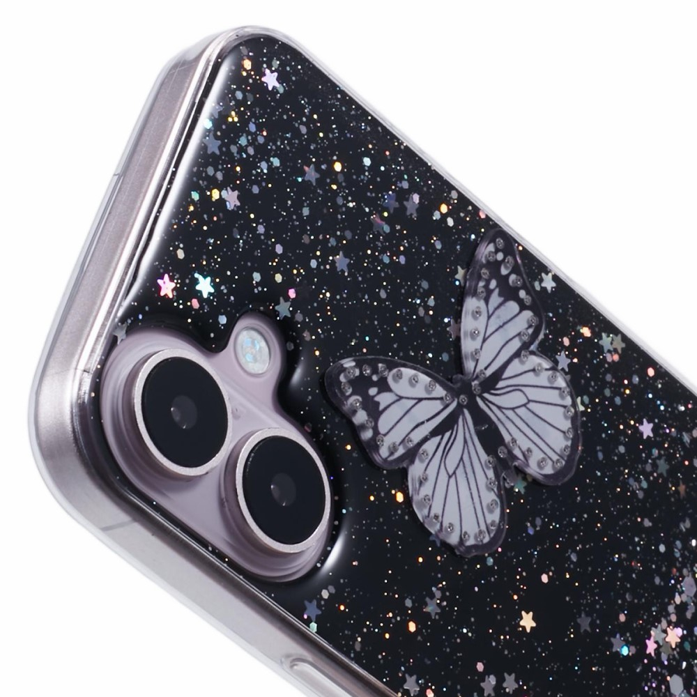 iPhone 16 Hybrid Hardcase Schutzhülle im Glitzer Design Schmetterling - Schwarz / Transparent
