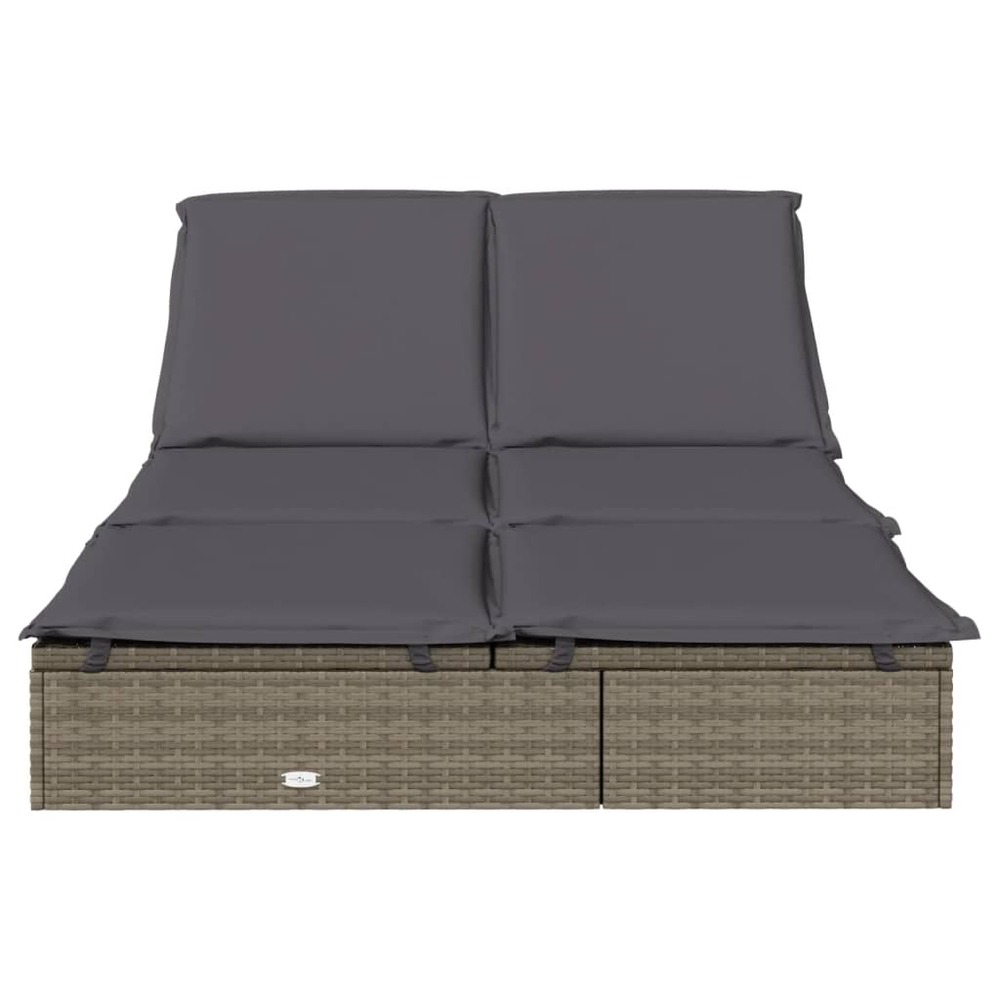 Transat chaise longue bain de soleil lit de jardin terrasse meuble d'extérieur à 2 places avec coussins gris résine tressée 0