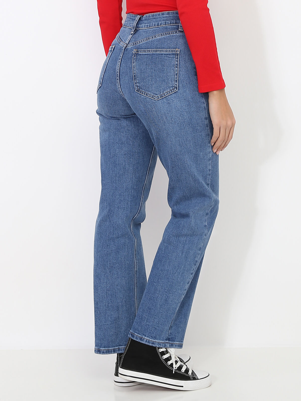 Jeans mom droit en coton- Bleu