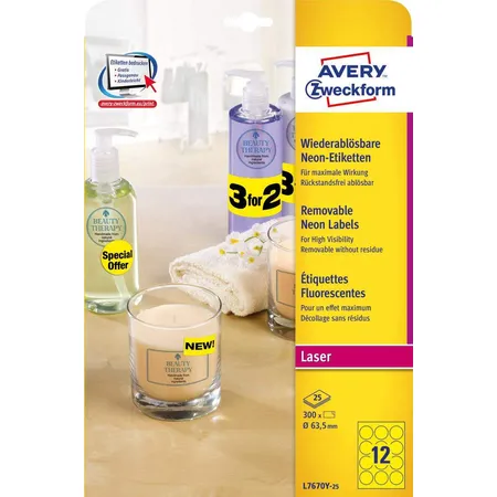 Avery Zweckform L7670Y-25 Etiketten in Sonderfarben,A4 Ø 63,5 mm, 25 Bogen/300 Etiketten, neongelb