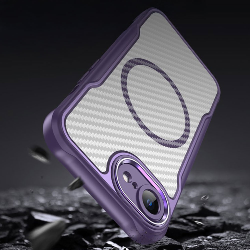 iPhone 16e MagSafe Gummi Case Schutzhülle Carbon Look Air Cushion Fallschutz mit Kameraschutz - Lila / Transparent