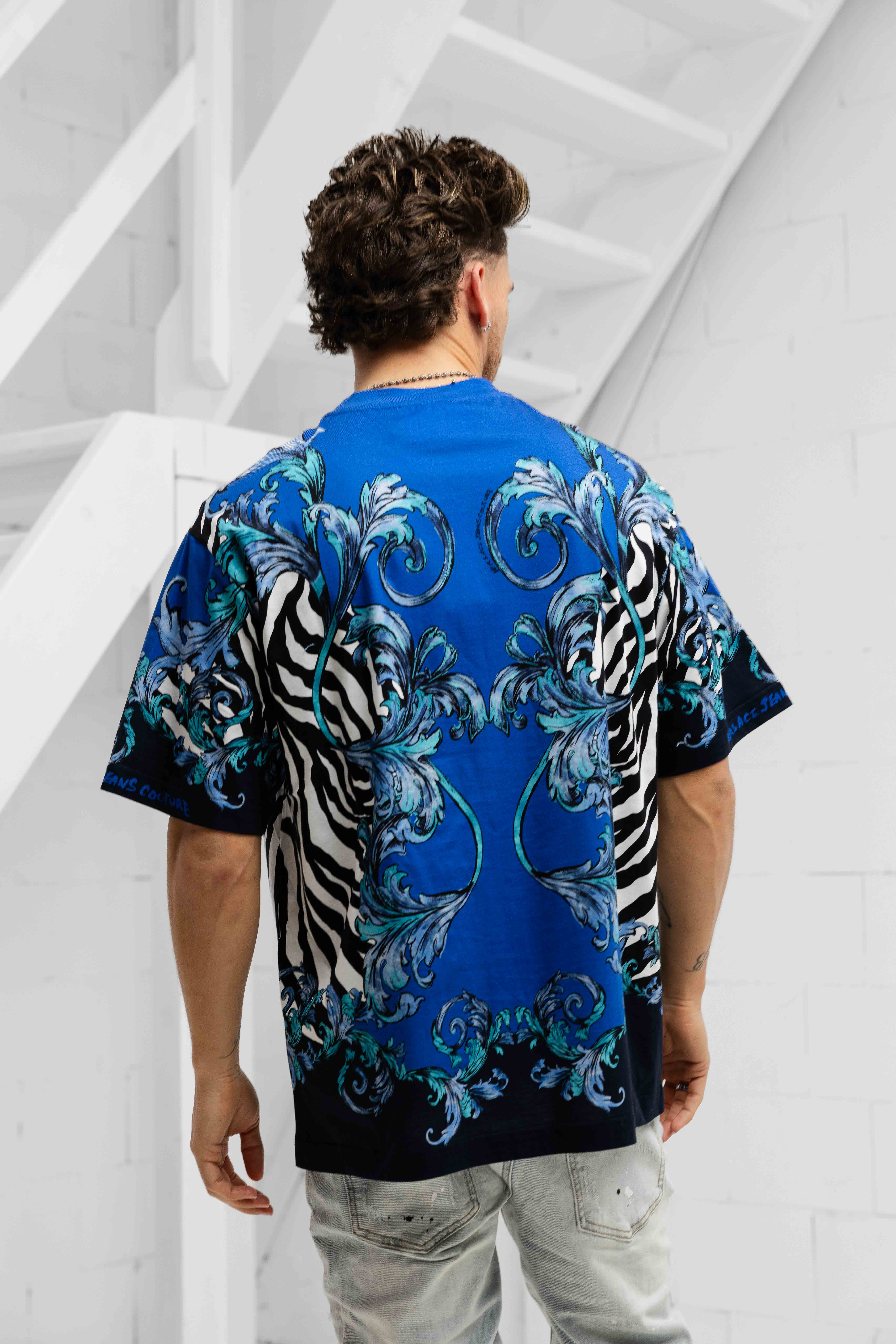 Versace Jeans Couture Barocco Zebra T-Shirt Heren Blauw