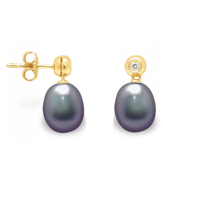 Boucles d'Oreilles Perles de Culture Noires, Diamants et Or Jaune 750/1000