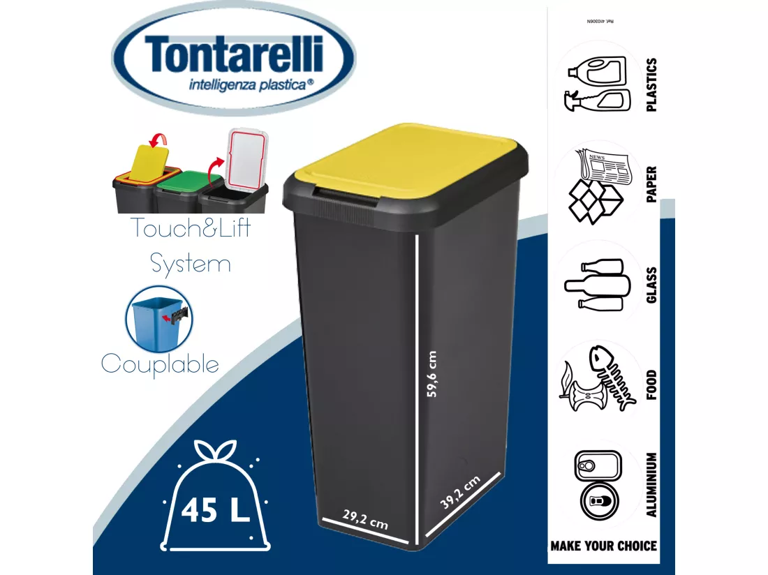 Corbeille Touch&lift 45 litres noir avec couvercle jaune 29,2x59,6x39,2