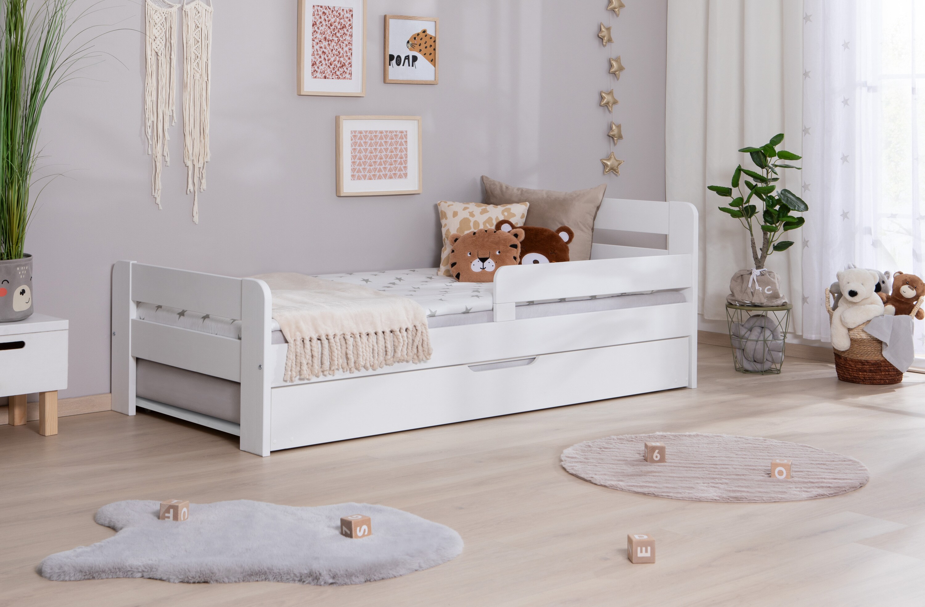 TiCAA Einzelbett Kinderbett Jugendbett, Bennet mit Zusatzbett Rausfallschutz & Lattenrost für Schlafzimmer, Kinderzimmer Kiefer Massivholz Bettgestell 90 x 200 cm