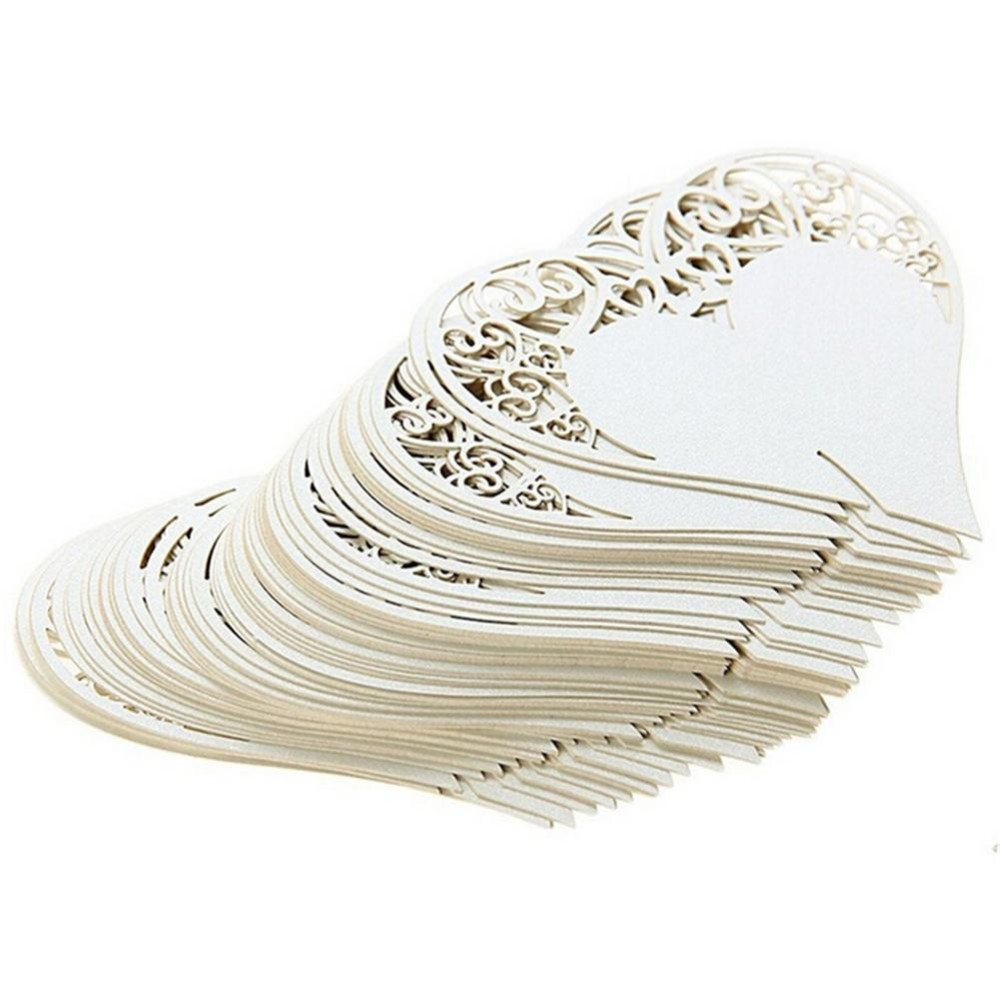 (50er Set) 80x84mm Papier Glas Deko Hochzeits Tischkarten Herz Namenskarten - Weiss