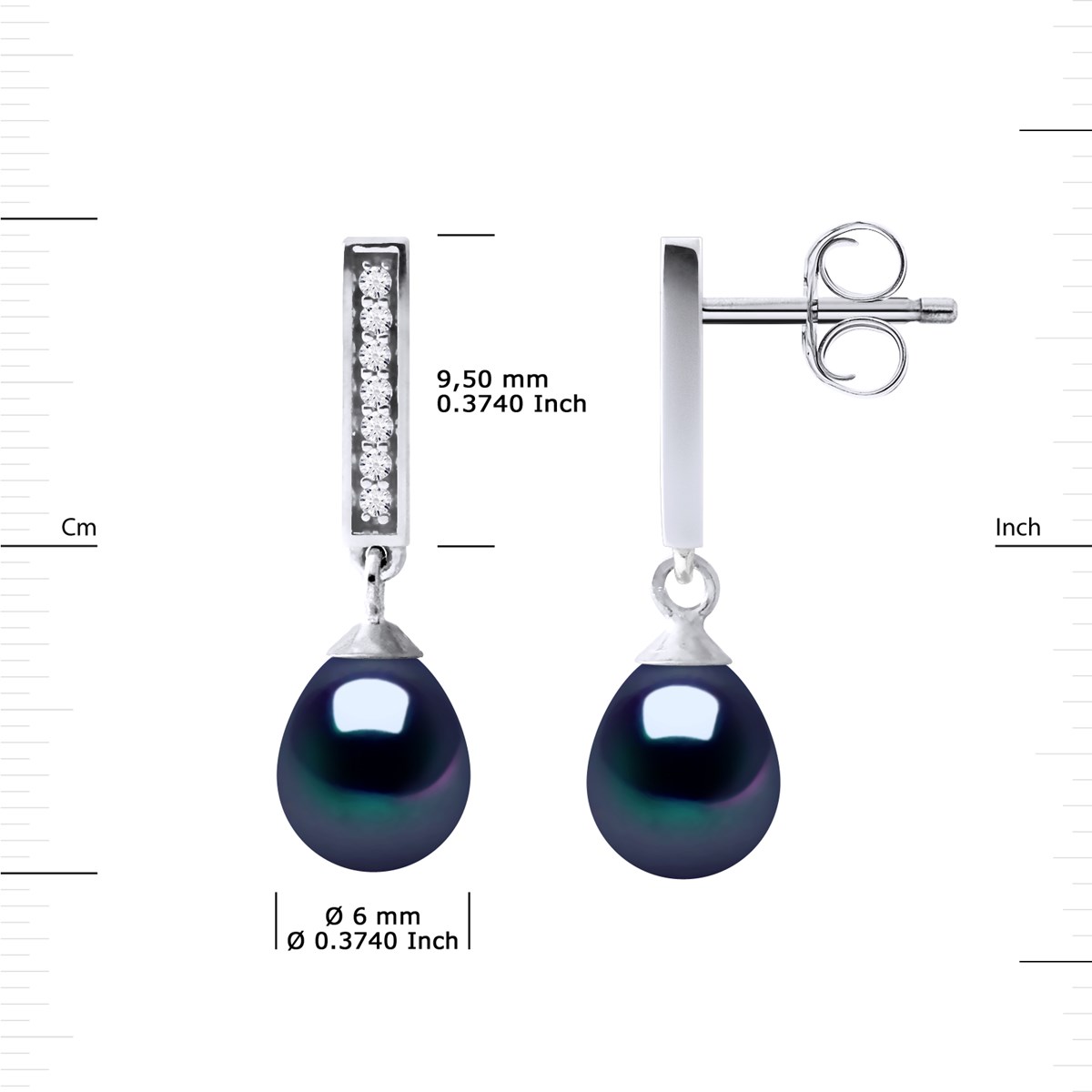 Boucles d'Oreilles Joailerie Perles d'Eau Douce Noires Poires 6-7 mm Argent 925