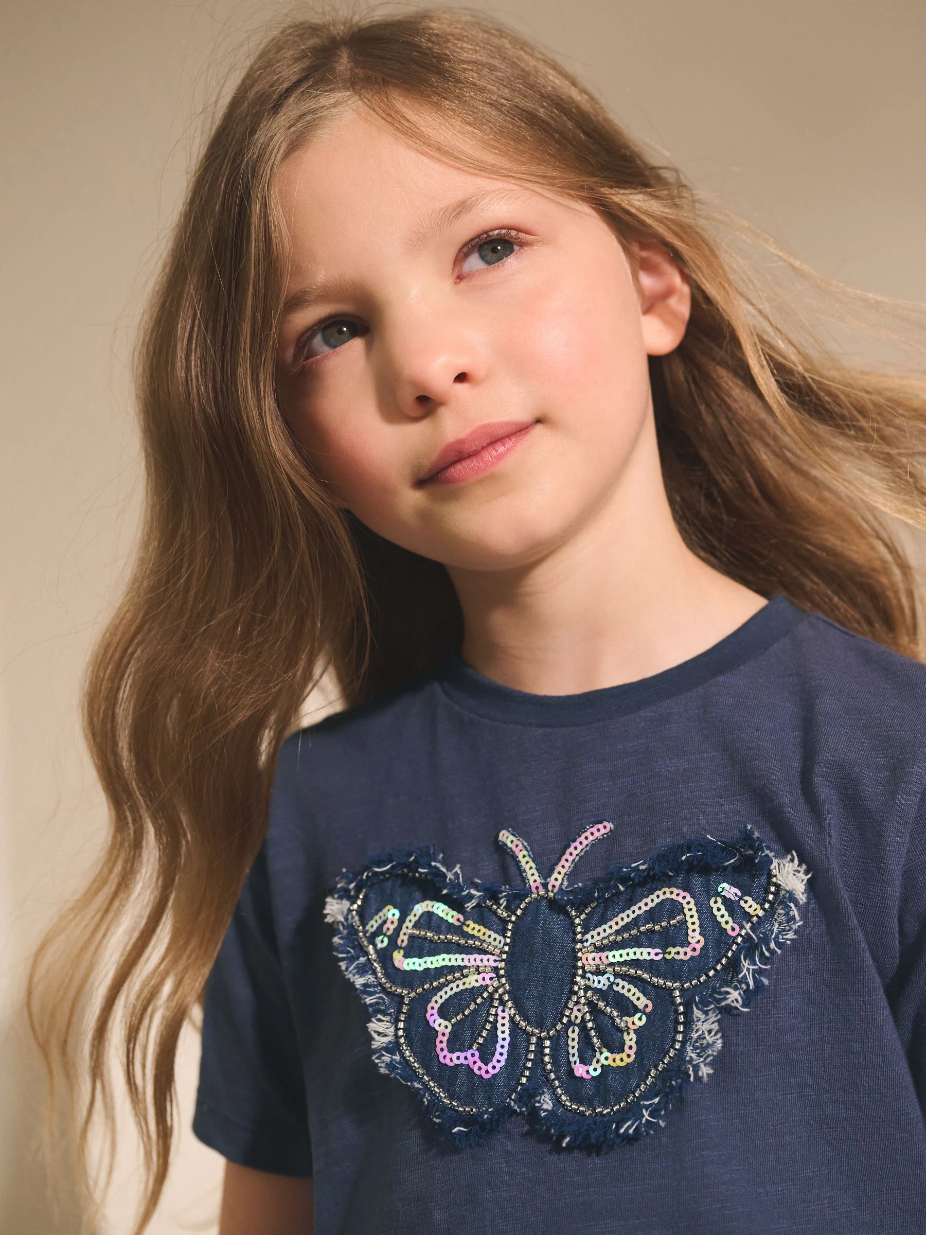 Blauw - T-shirt met vlinderprint en pailletten (3-16jr)