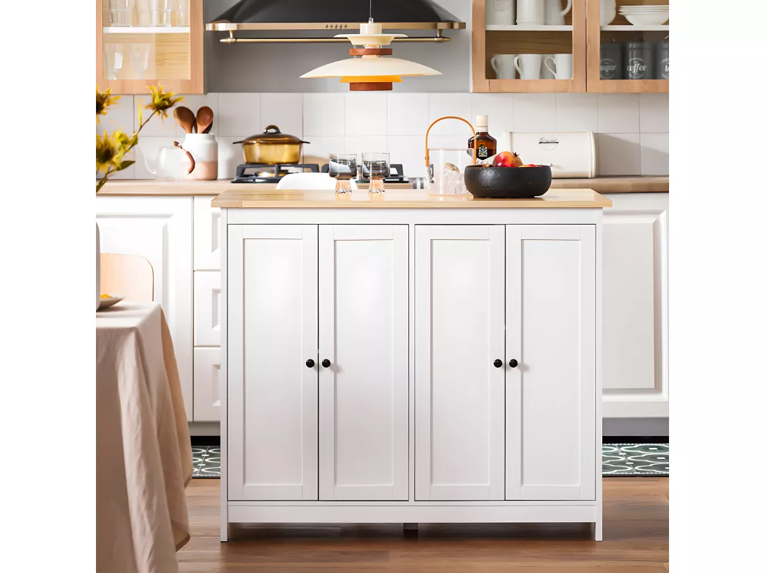 SoBuy îlot Central de Cuisine Buffet de Rangement Mange-Debout Placard de Cuisine avec Plans de Travail Rabattable 2 armoires 4 Portes, 102x72x92 cm, Blanc KNL10-WN