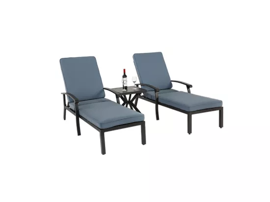 Chaise longue de jardin 1 pièce avec coussin bleu imperméable en coton inclinable et réglable structure aluminium antirouille transat piscine extérieur