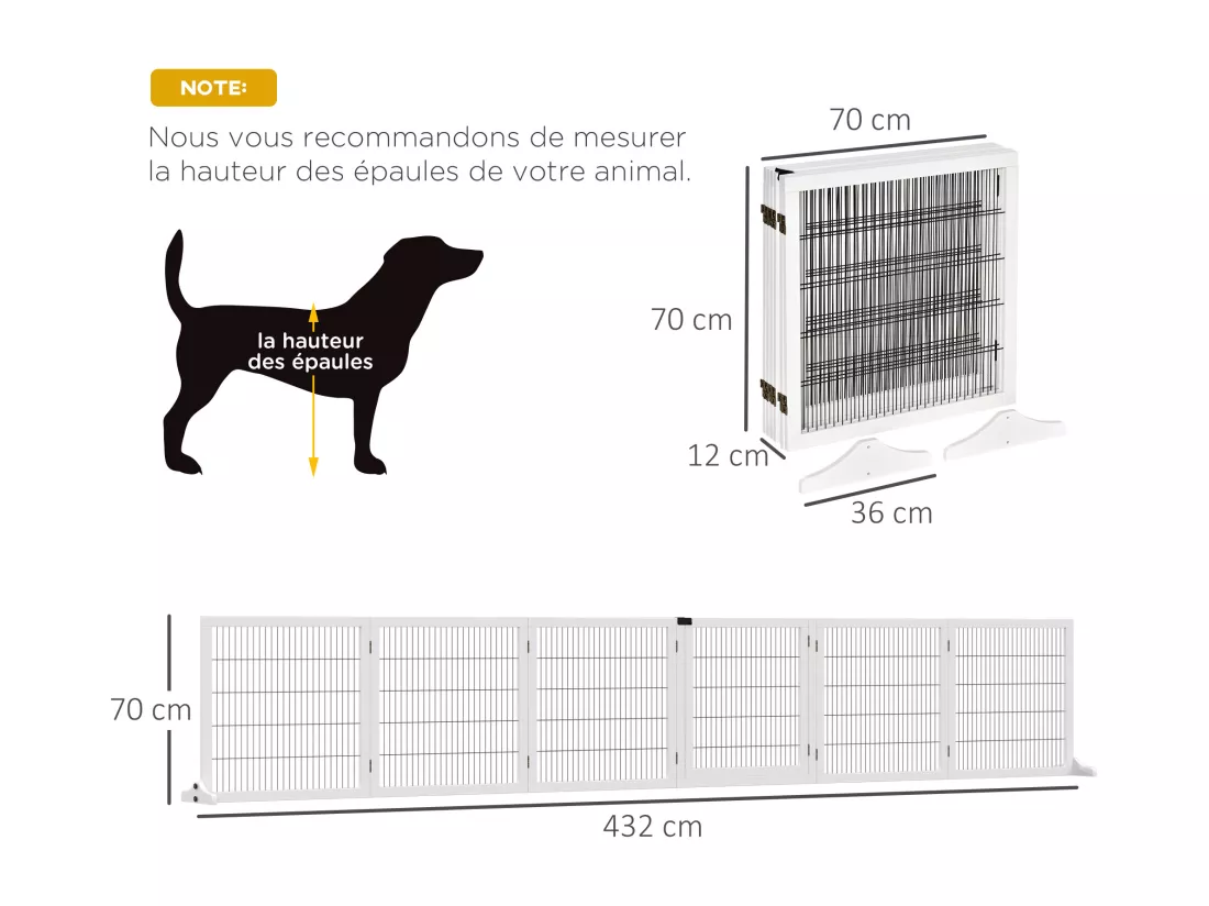 Barrière de sécurité parc enclos chien modulable pliable porte verrouillable intégrée 5 panneaux grillage acier noir bois de pin blanc