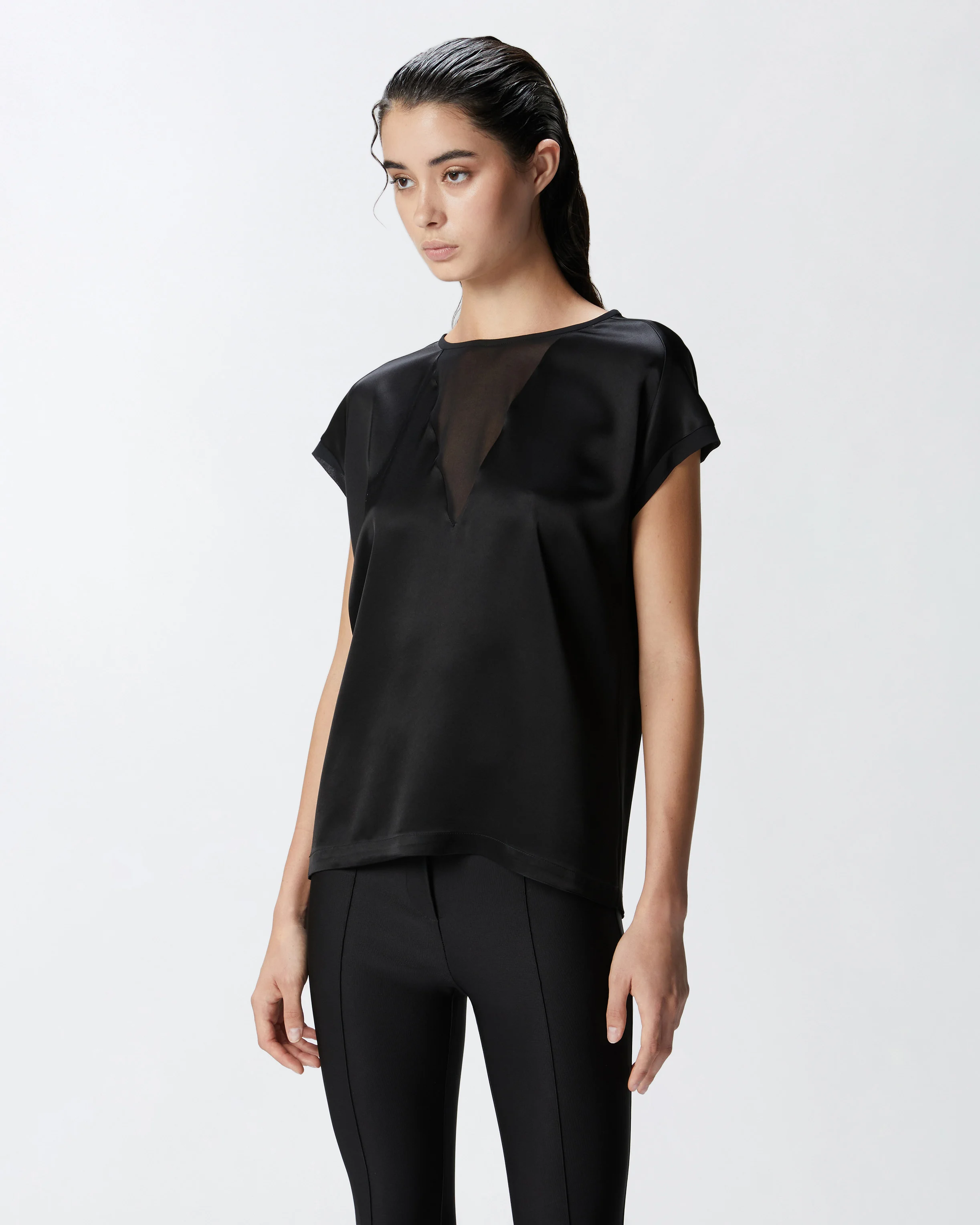 Blouse façon t-shirt et crêpe georgette | Noir