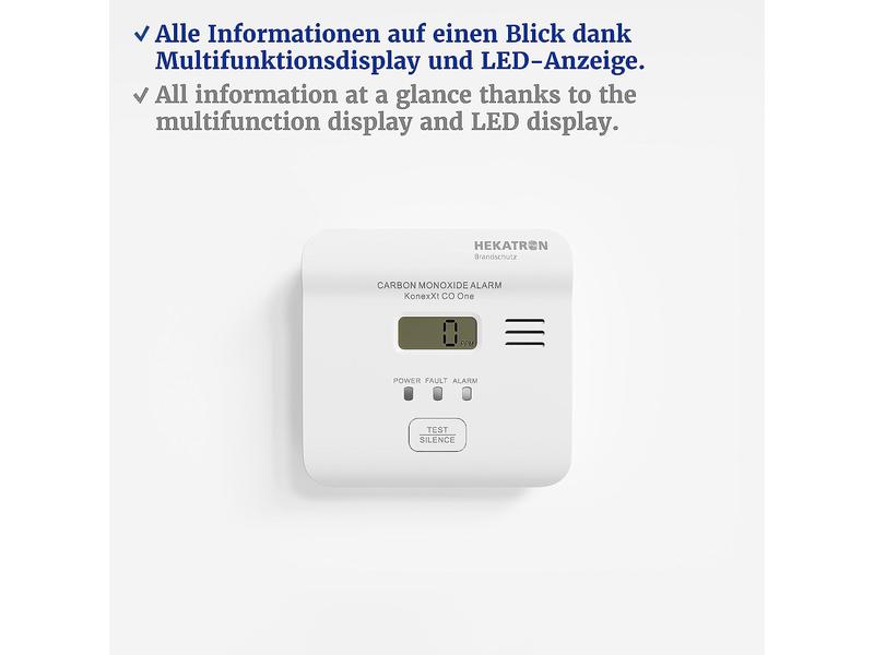 Hekatron CO-Warnmelder KONEXXT CO One 85dB, IP42, elektroch Flexibler, zuverlässiger und langlebiger Kohlenmonoxidmelder