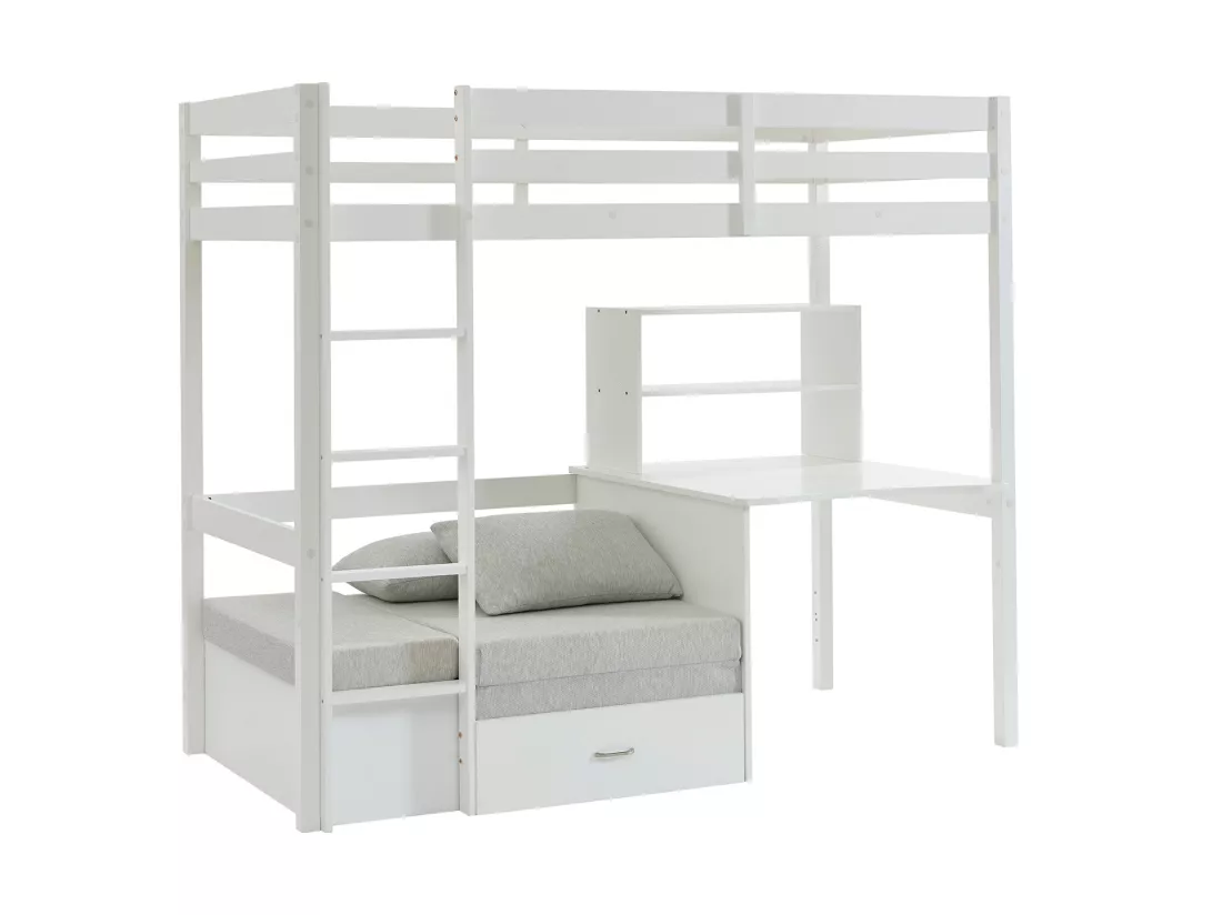 Lit mezzanine 90 x 200 cm avec bureau, sofa convertible et rangements - Pin et MDF - Blanc - GOLIATH III