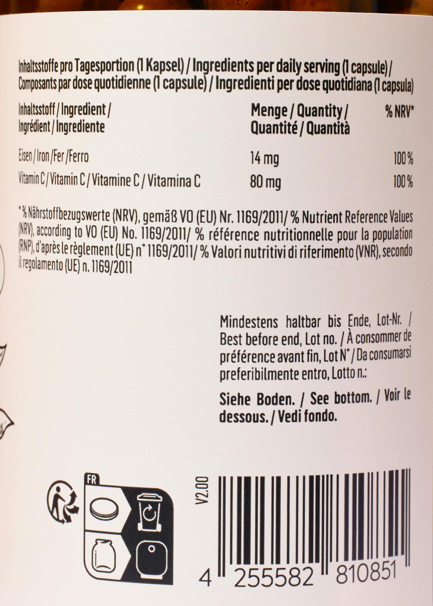 Natürliches Eisen   Vitamin C aus Curryblatt und Hagebutte Kapseln 180 Stück