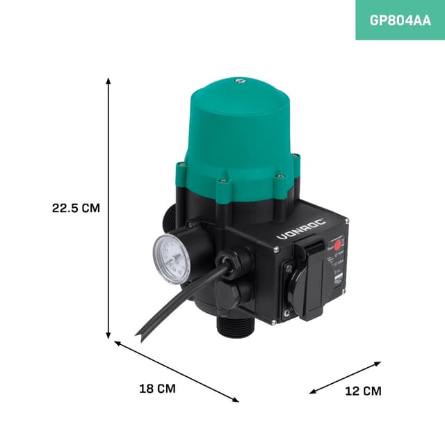 VONROC Trykafbryder med Tørkørselsbeskyttelse – 1,5-2,5 bar | Til Havepumper & Vandforsyning | Automatisk Til/Fra | LED & Manometer