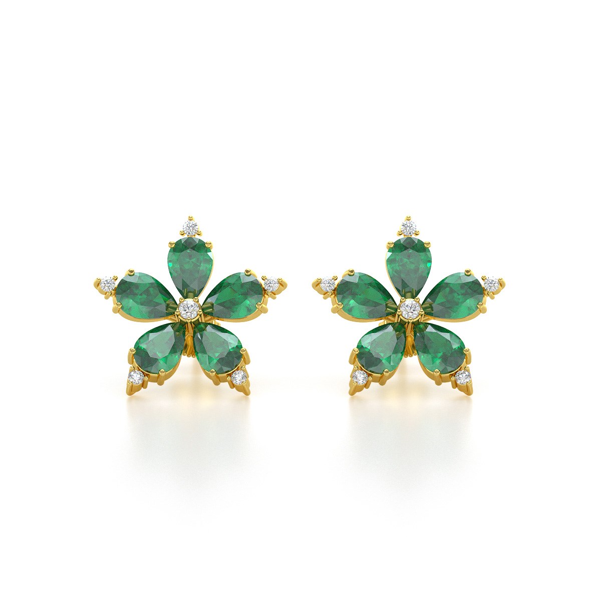 Boucles d'oreilles ADEN Or 585 Jaune Fleur Emeraude et Diamants 4.52grs
