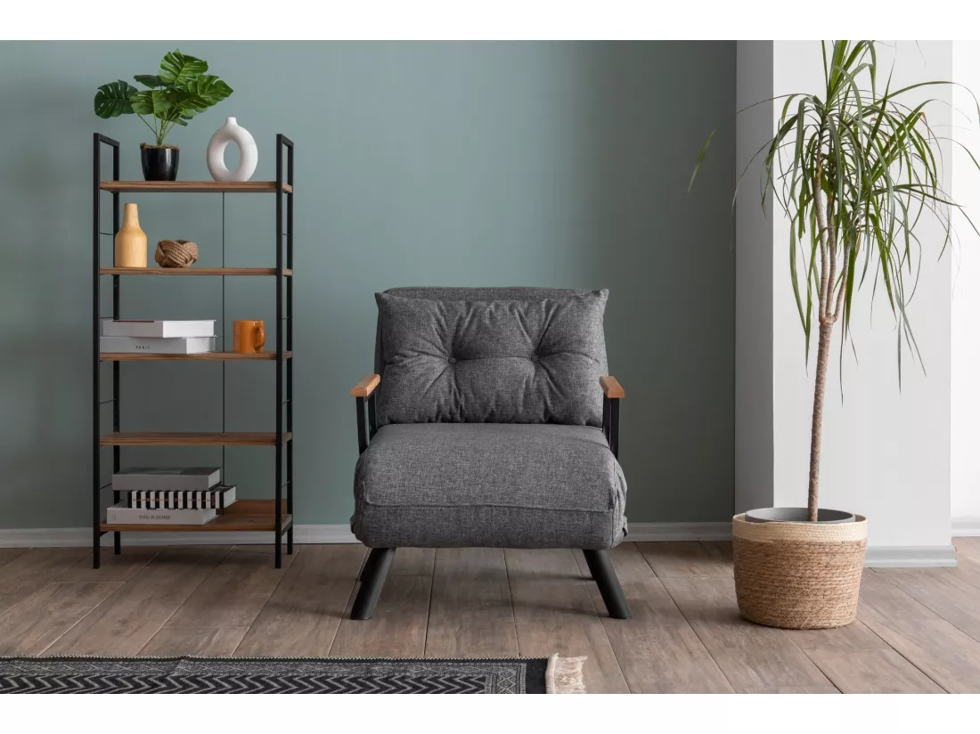 Fauteuil convertible Yolanda Métal Noir et Lin Gris clair