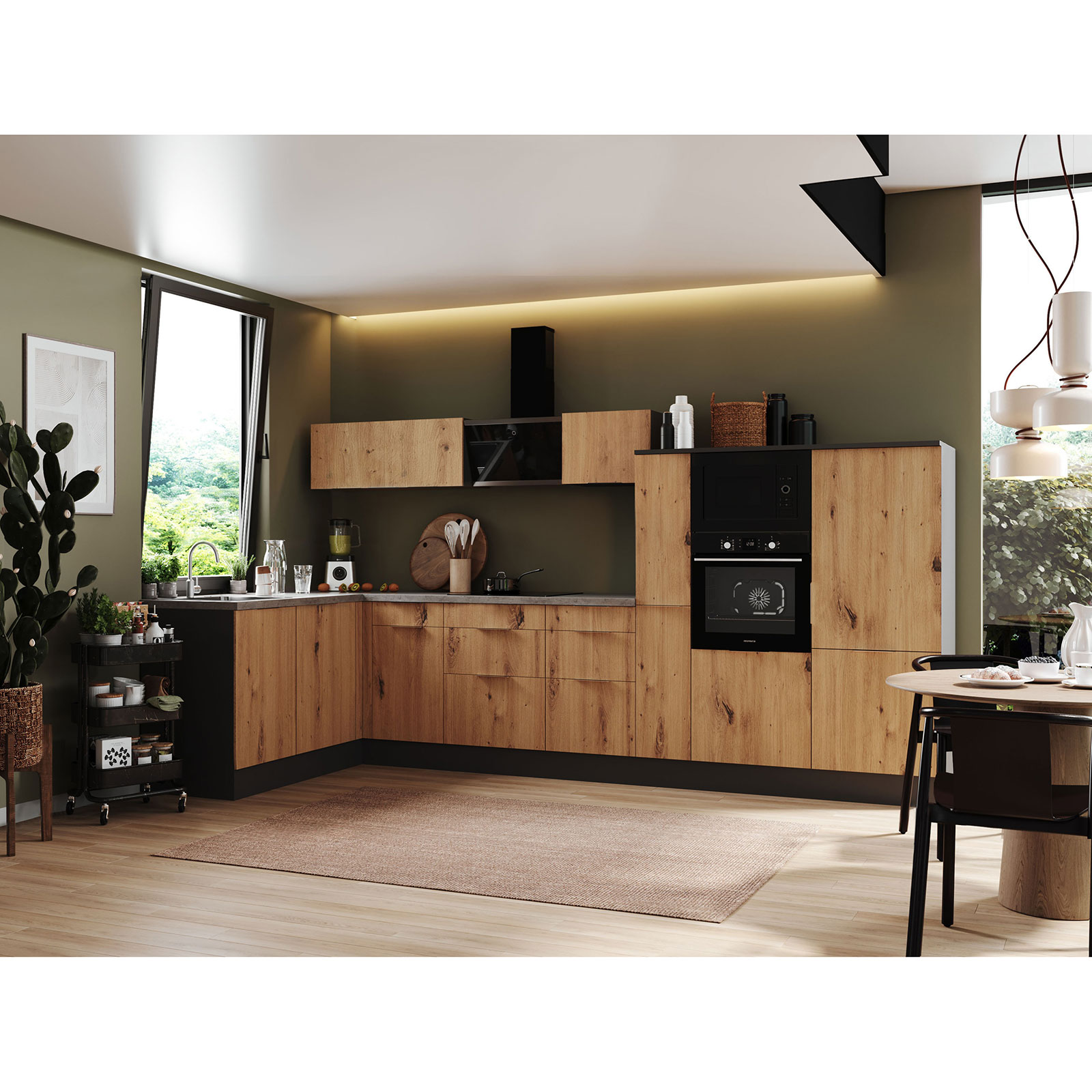 RESPEKTA Winkelküche - Artisan Eiche - grau matt- mit E-Geräten - 370x175 cm