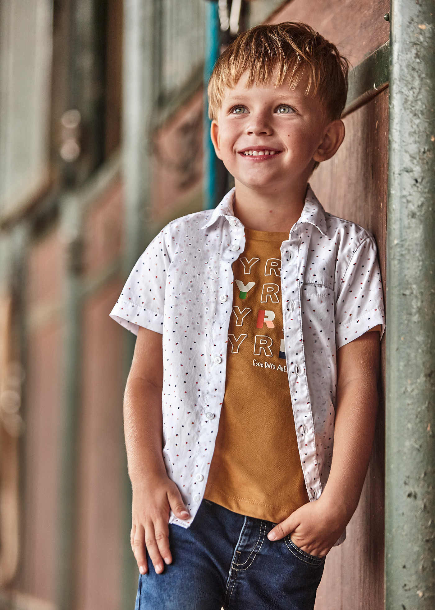 Camisa de algodão estampada de manga curta para meninos