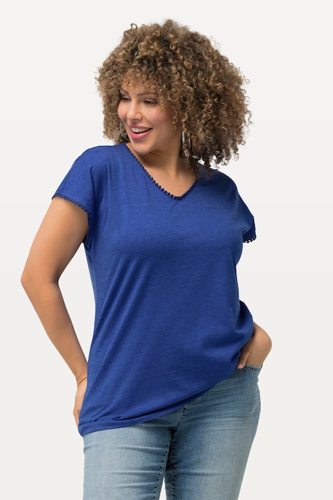T-Shirt, Zierborten, Oversized, V-Ausschnitt, Halbarm