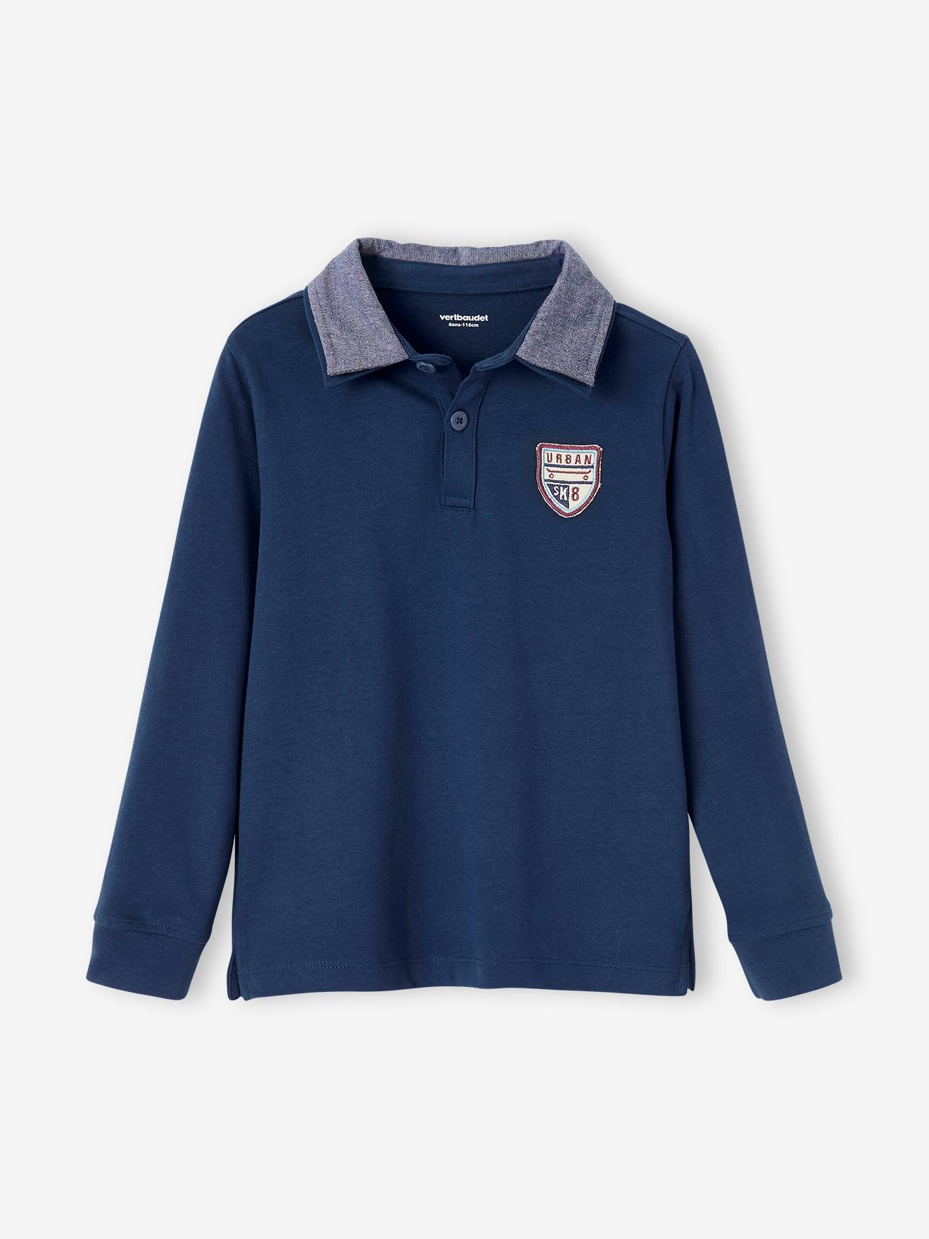 Camisa polo com emblema e gola chambray, camisa lisa azul-marinho infantil com estampas.