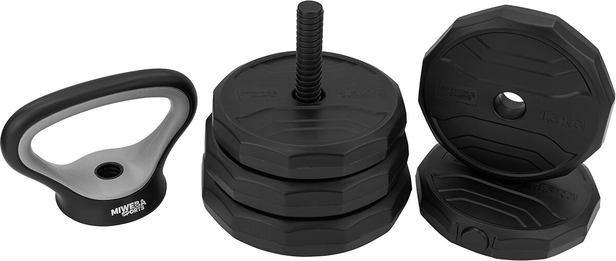 Miweba Sports 6in1-Hantelset, Kurzhanteln-Langhantel-Kettlebell, 25 kg, verstellbar, Sternverschluss