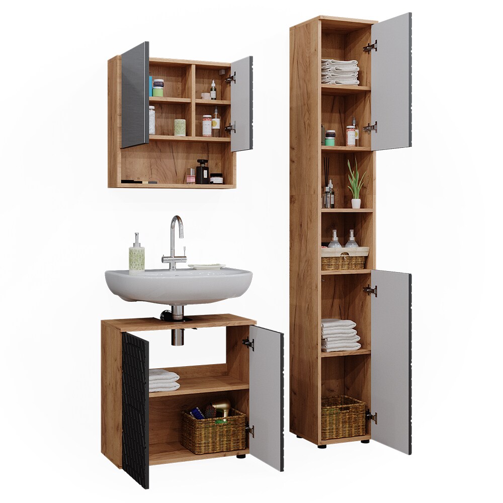 Vicco Badmöbel-Set Irma Eiche Anthrazit 3-teilig Hochschrank Waschbeckenschrank 60 cm