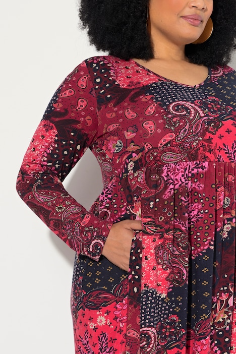 Jerseykleid, Paisley, V-Ausschnitt, Langarm, Taschen