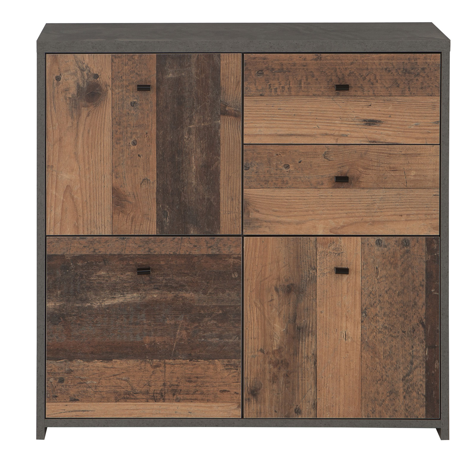 Kommode - Betonoptik-Old Wood Vintage - 77 cm breit - 3 Türen - 2 Schubkästen