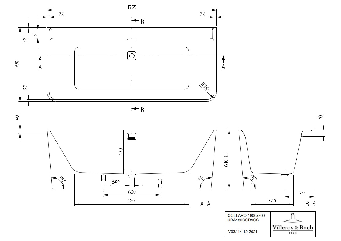 Villeroy & Boch Collaro half vrijstaand links ligbad 180x80 wit